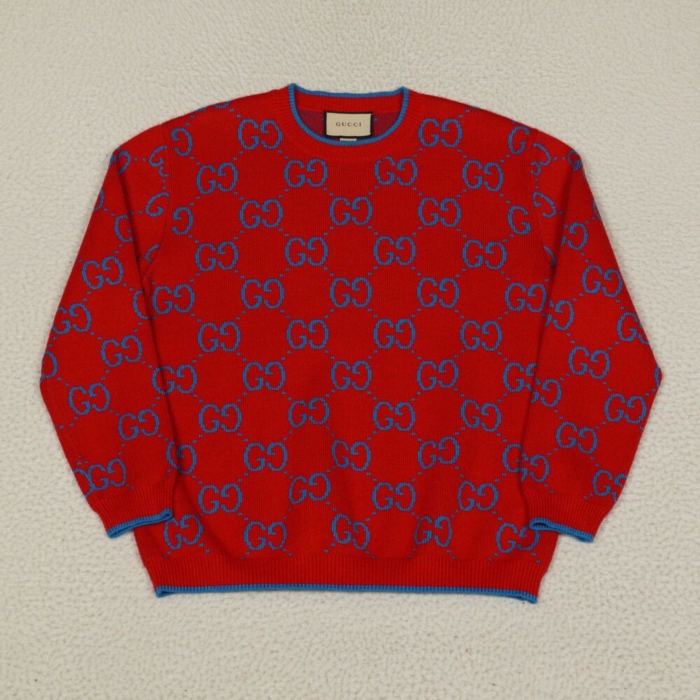 Gucci Gg Knit Cotton Jacquard Sweater Mens Large Red Blue Cotton Ready-To-Wear